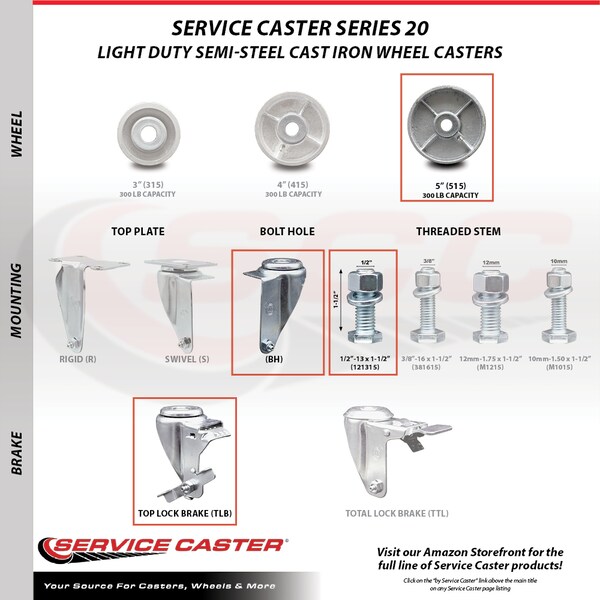 Service Caster Semi Steel Swivel TS Caster w/Roller Bearing-5" Wheels&1/2" Stems-2 w/BRK, 4PK SCC-TS20S515-SSR-121315-2-TLB-2 - main